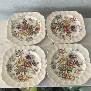Vintage Johnson Bros “Sheraton” Square Scalloped Edge Salad Plates (4)